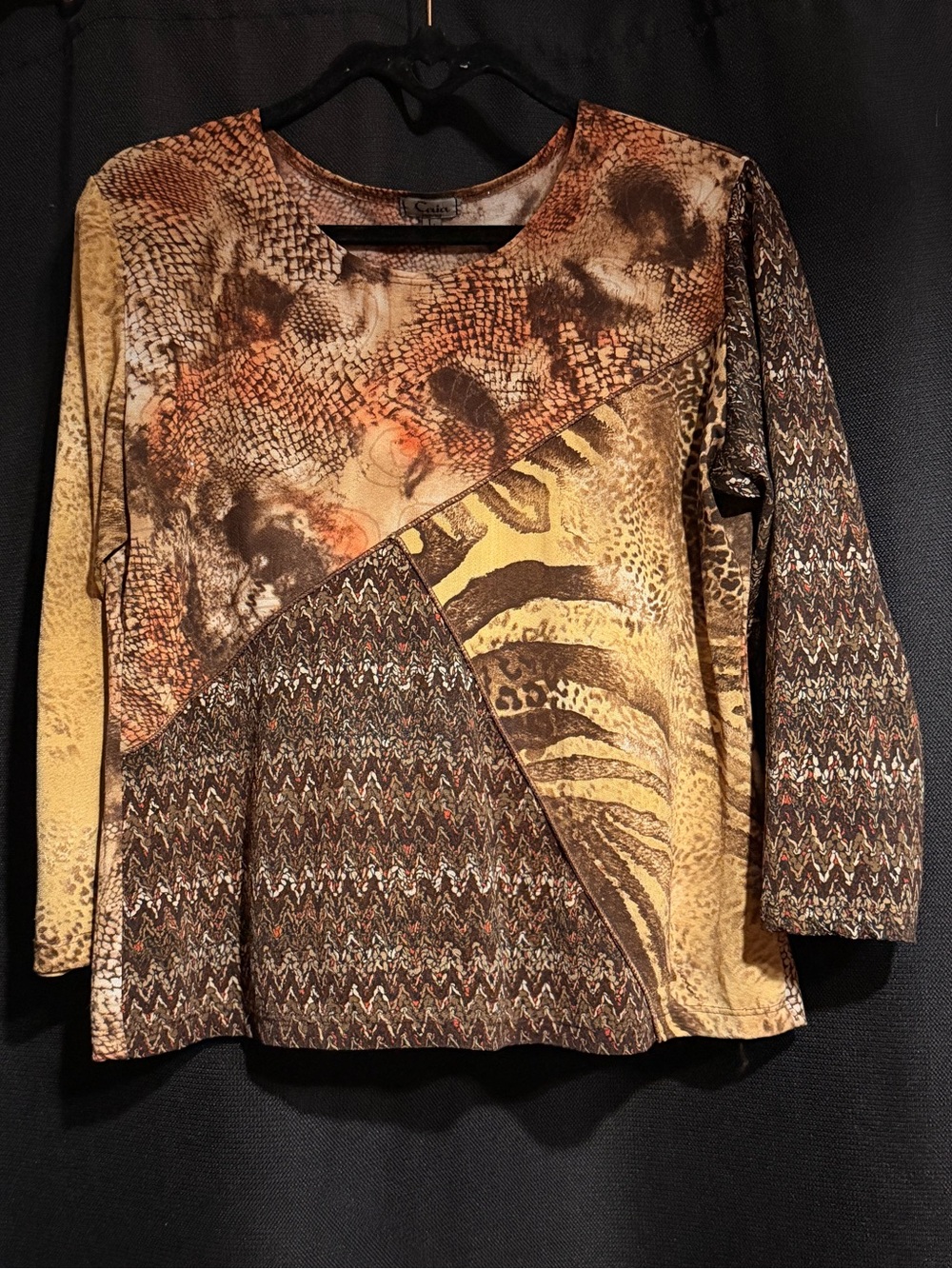 Y2K ‘Caia’ Snakeskin Long Sleeve Blouse Browns Beiges Made in USA Size L